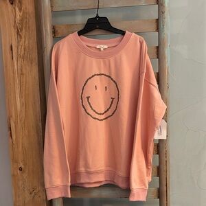 Easel Pink - Embroidered Smiley Face Sweatshirt - L